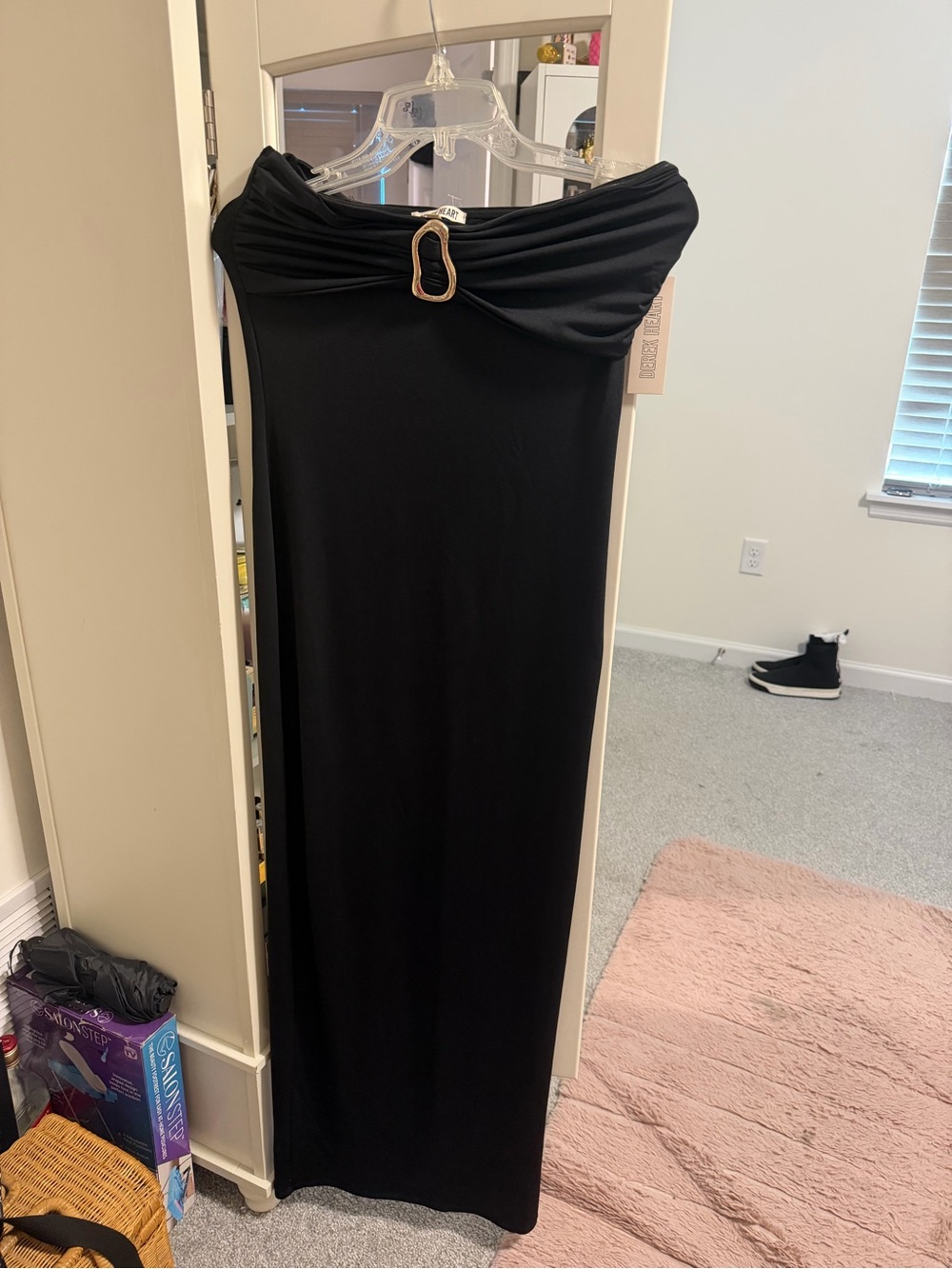 Derek Heart Black Off-Shoulder Maxi Dress with Gold Accent